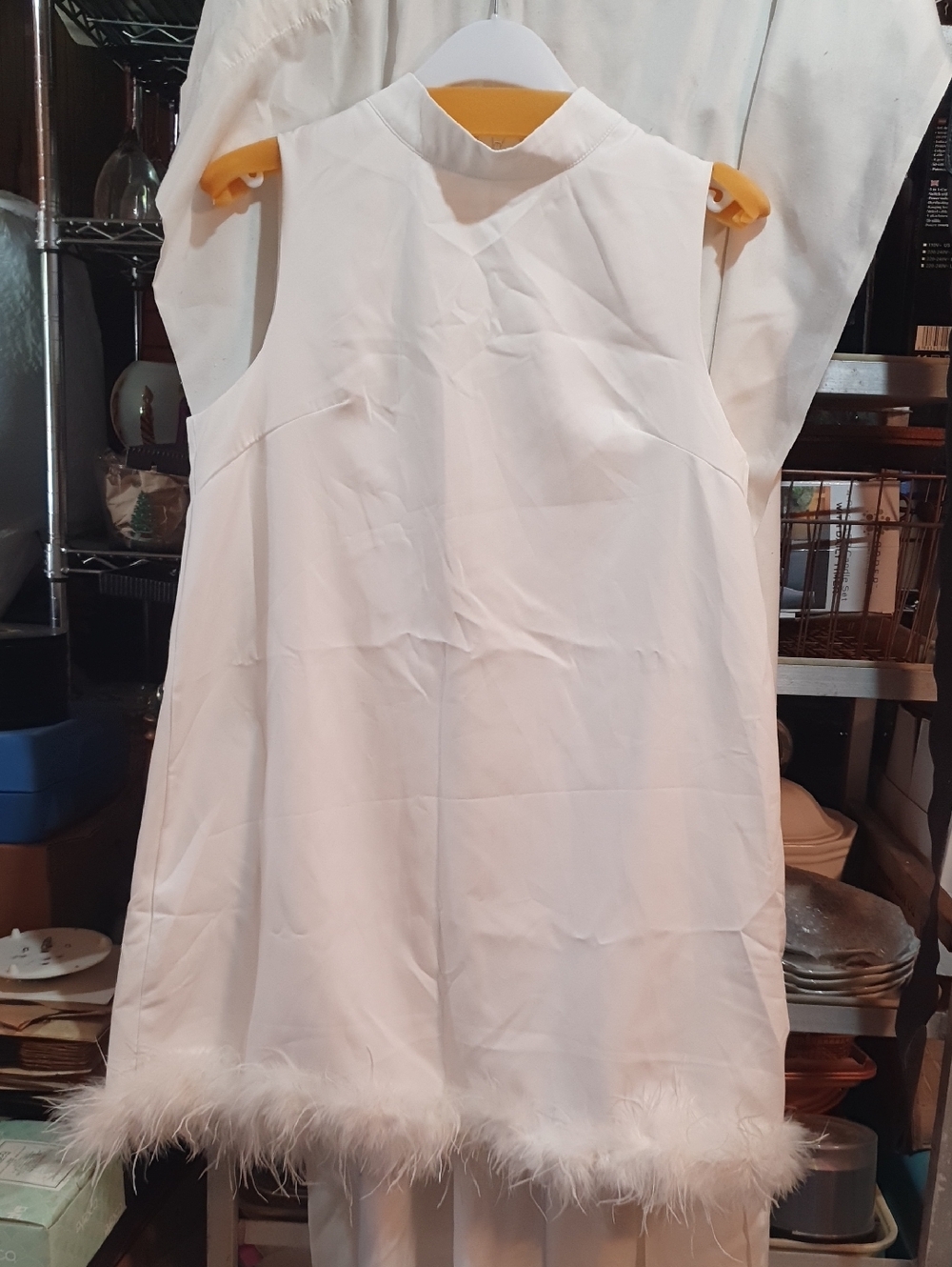 White Sleeveless A-Line Dress with Feather Hem